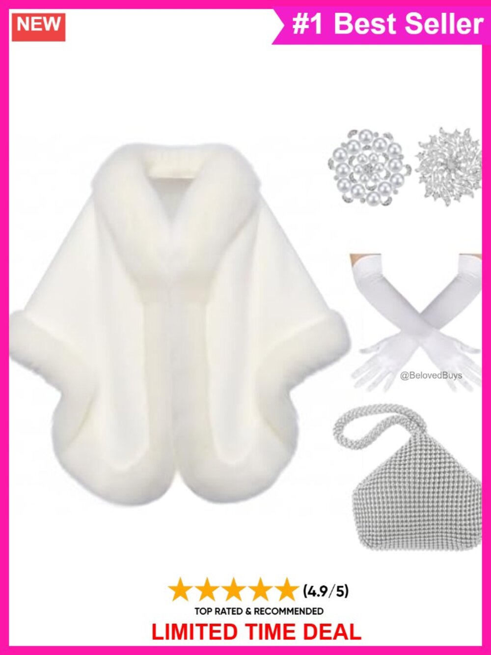 Faux Fur Shawl Wrap Set Gloves Clutch Brooches 1920s Costume